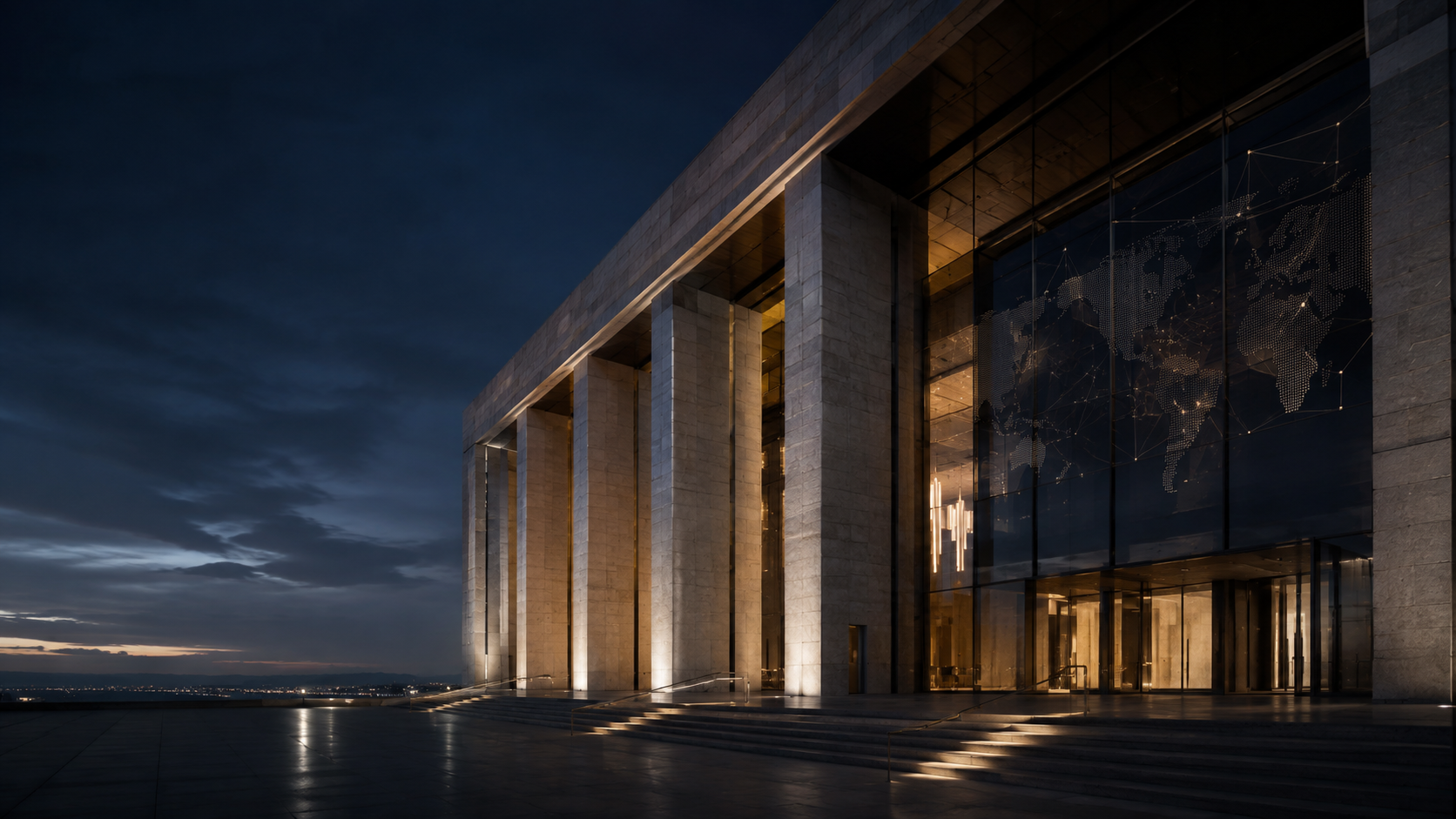 Contemporary courthouse architecture at twilight